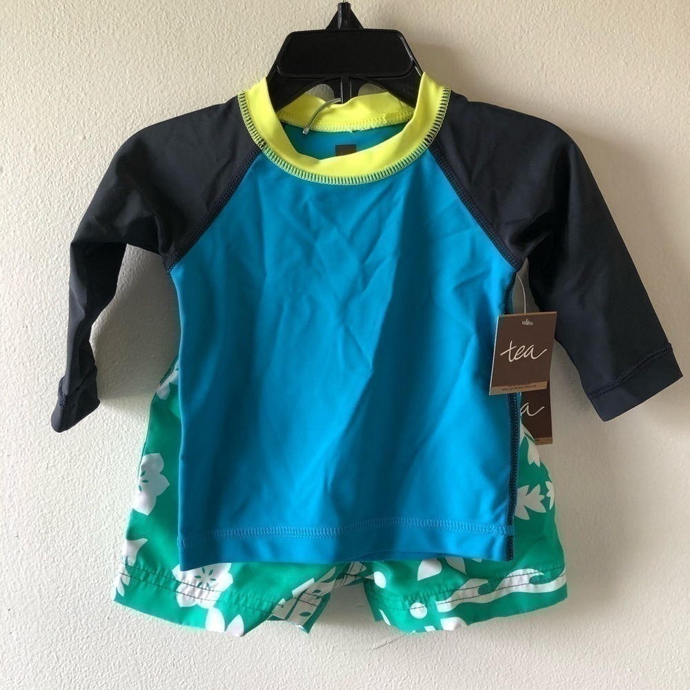 Tea Baby Blue Green Swim Shirt and Shorts Set 3 - 6 M